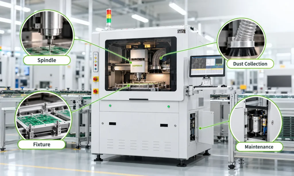 PCB router spindle, fixture and dust collection